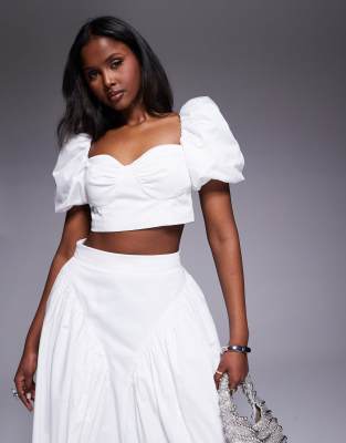 Asos Luxe Cotton Sateen Puff Sleeve Top In White