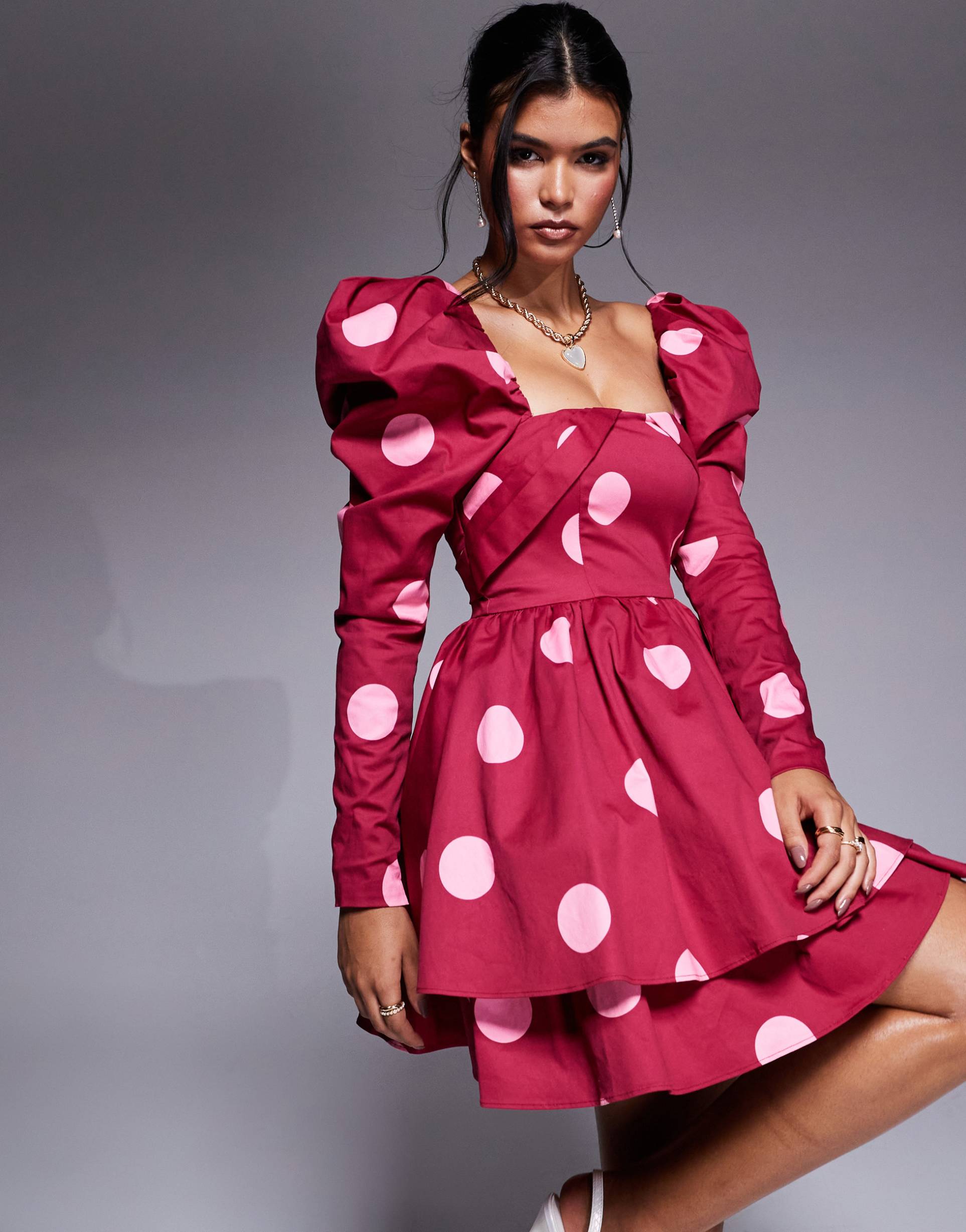asos luxe cotton sateen structured skater mini dress in polka dot print