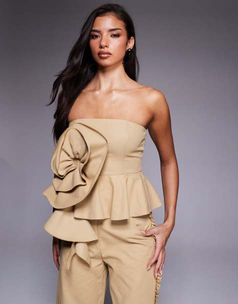 ASOS LUXE cotton twill bandeau corsage top in tan - part of a set - view 1