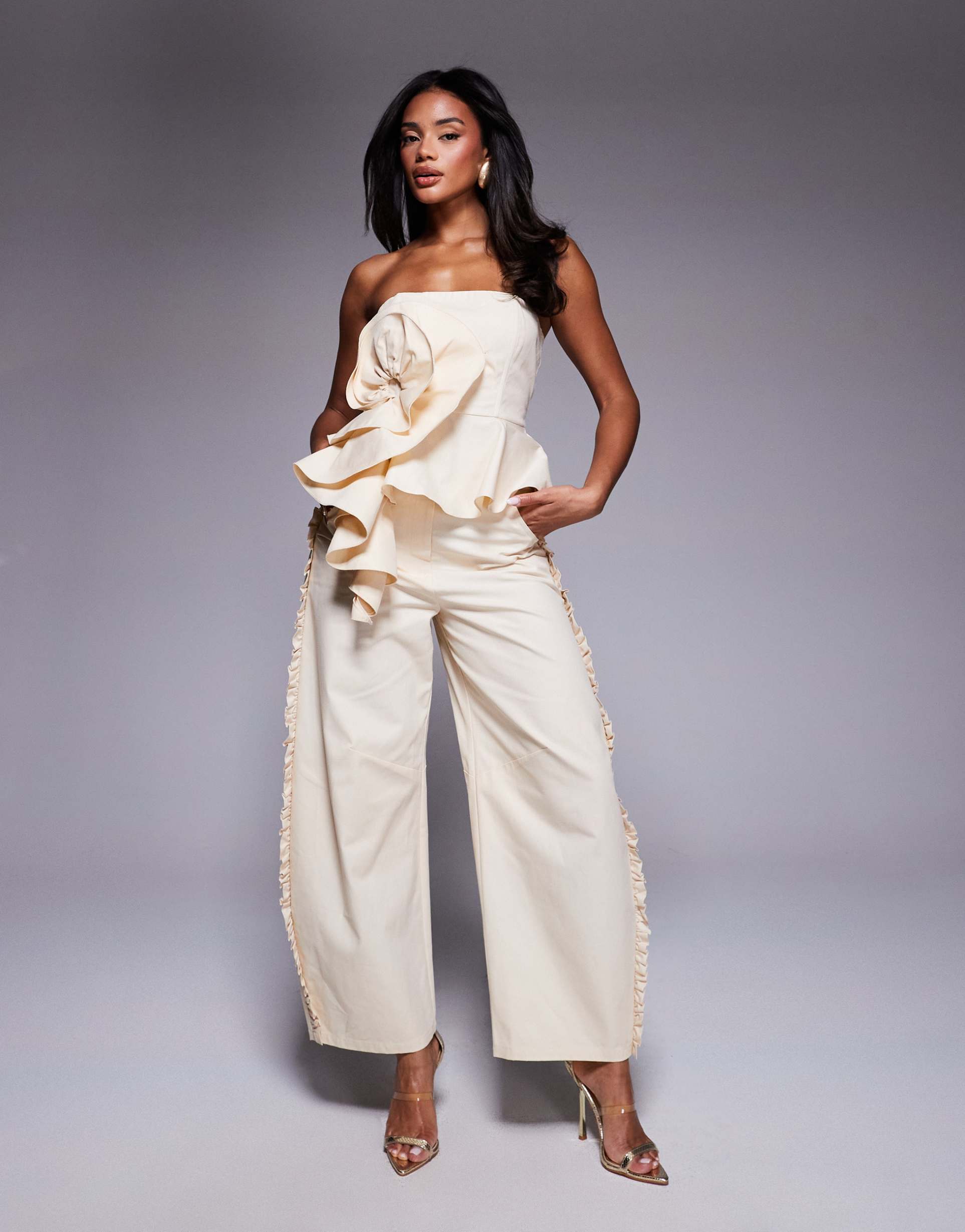 asos luxe cotton twill barrel pants with ruffle in buttermilk - part of a set