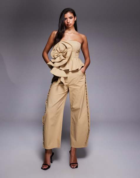 ASOS LUXE co-ord cotton twill barrel trouser with ruffle in tan