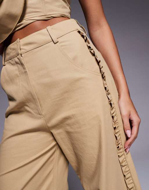 ASOS LUXE cotton twill barrel pants with ruffle in tan - part of a set, 2 of 5