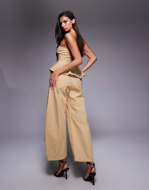 ASOS LUXE cotton twill barrel pants with ruffle in tan - part of a set, 3 of 5