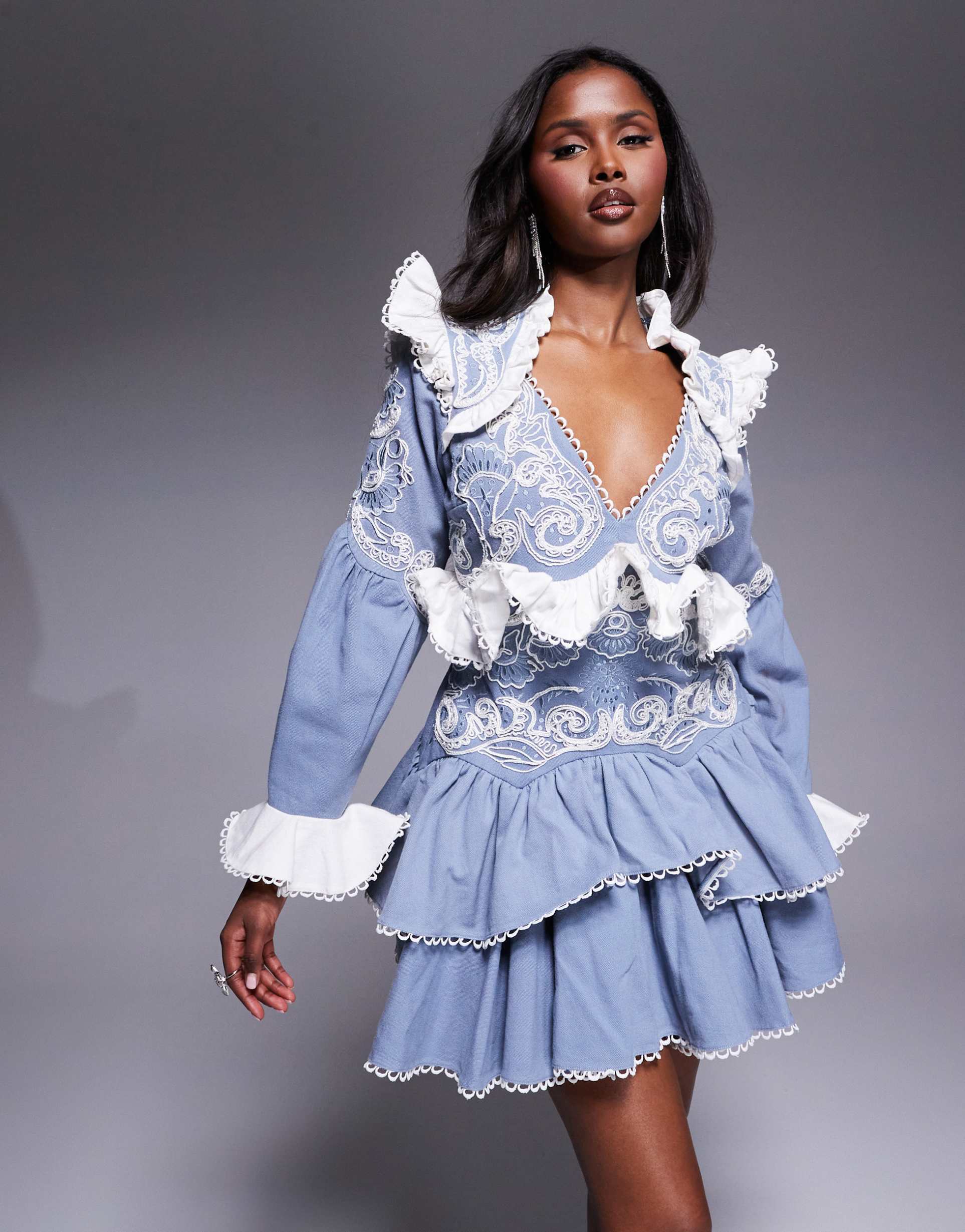 asos luxe cotton twill western embroidered mini dress in blue
