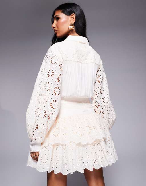 ASOS LUXE - Cremehvid mini-skjortekjole med peplum-kant i broderie anglaise, 3 af 4