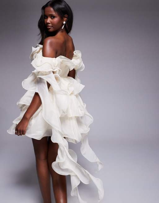 ASOS LUXE - Cremehvid offshoulder-minikjole med bøjle og flæser i tekstureret organza, 4 af 4