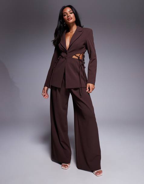 ASOS LUXE crepe wide leg tailored pants in chocolate - part of a set - view 1