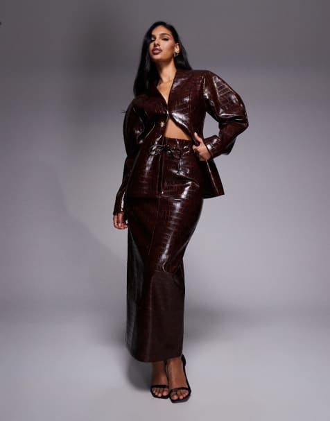 ASOS LUXE croc pencil midi skirt in chocolate - part of a set - view 1