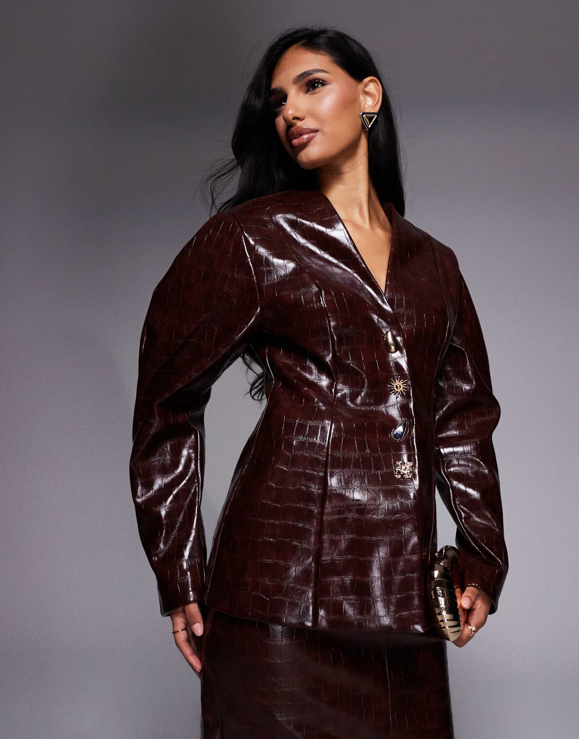 asos luxe croc structured blazer with gold buttons in chocolate - part of a set