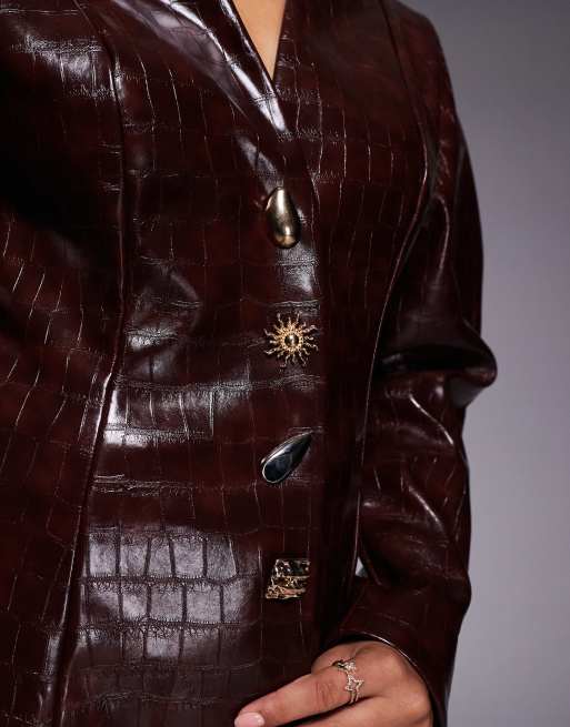 ASOS LUXE croc structured blazer with gold buttons in chocolate - part of a set, 3 of 4