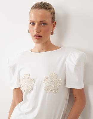 ASOS LUXE crochet embellished flower T-shirt in white
