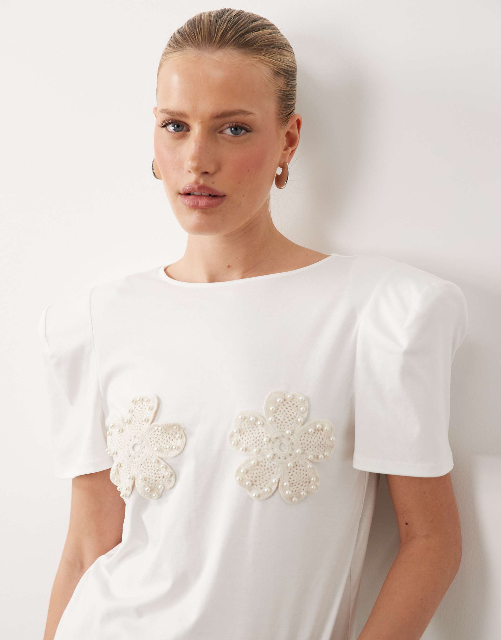 asos luxe crochet embellished flower t-shirt in white