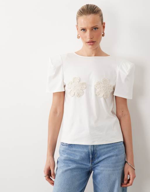ASOS LUXE crochet embellished flower t-shirt in white, 2 of 4