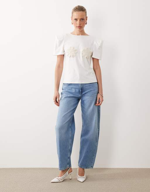 ASOS LUXE crochet embellished flower t-shirt in white, 3 of 4