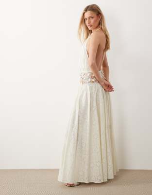 ASOS LUXE crochet maxi dress with embellished waist detail in white