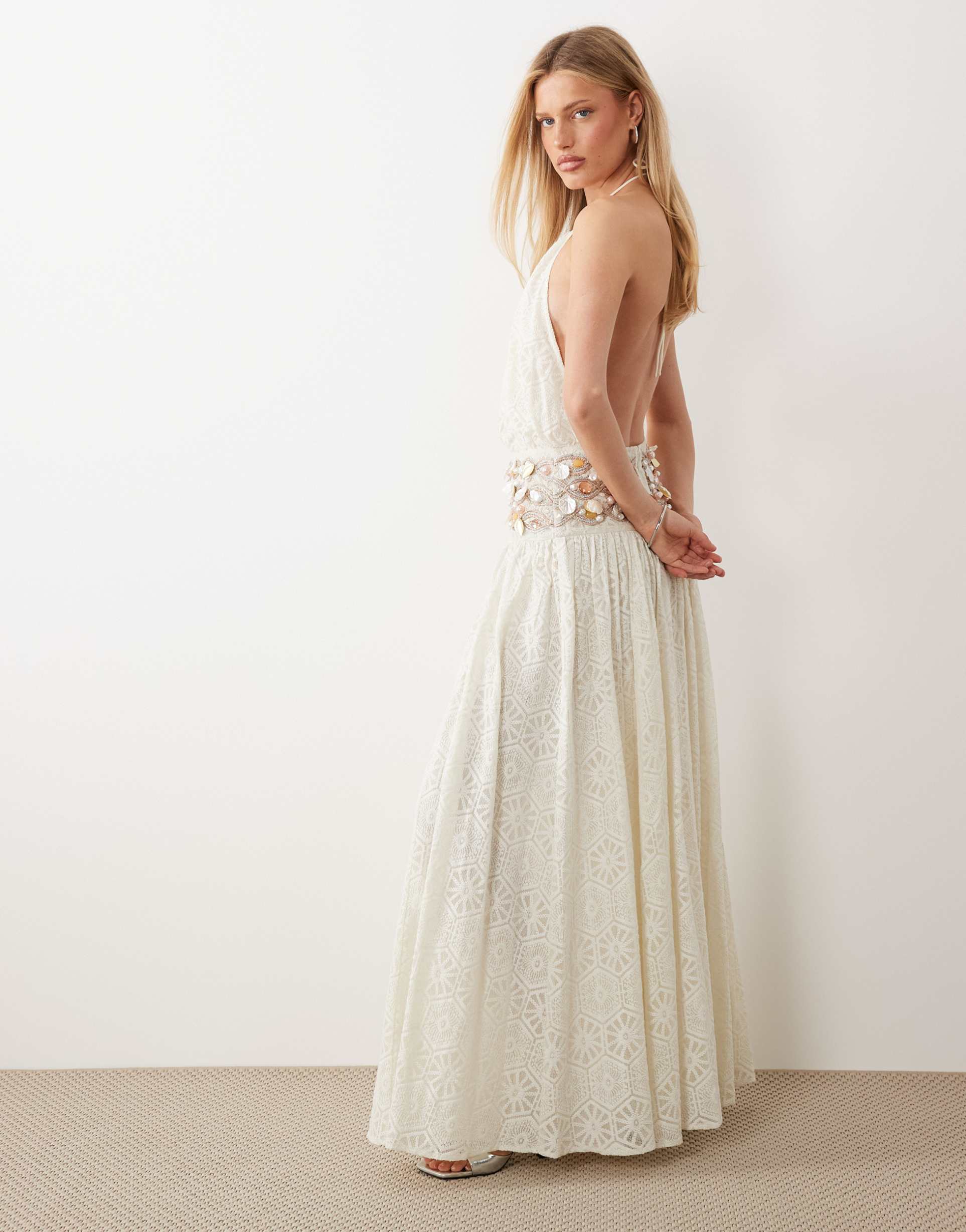 asos luxe crochet maxi dress with embellished waist detail in white