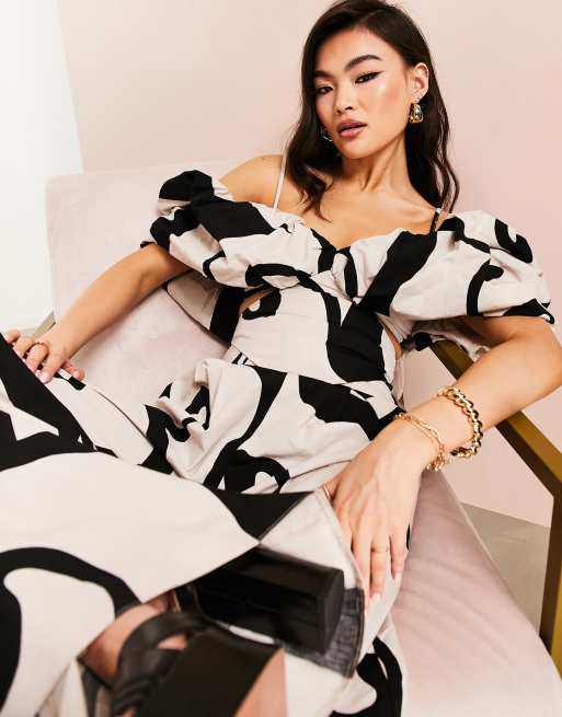 ASOS Luxe - Crop top a palloncino con scollo Bardot e stampa astratta in coordinato