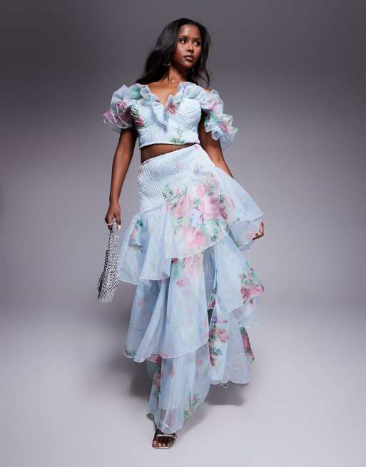 ASOS LUXE - Crop top con coppe arricciate blu a fiori con volant in coordinato, 3 di 4
