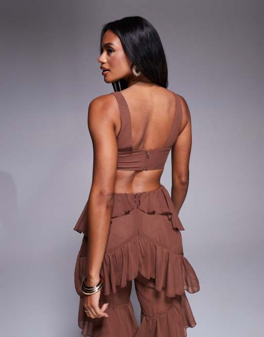 ASOS LUXE - Crop top d'ensemble style corset à volants - Marron, 3 de 4