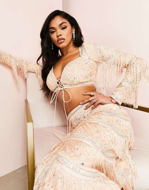 ASOS LUXE - Crop top met versieringen en kwastjes in beigeroze, deel van co-ord set