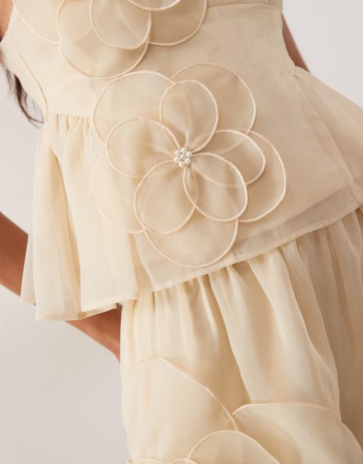 ASOS LUXE - Crop top peplo color albicocca con fiori in coordinato, 3 di 4