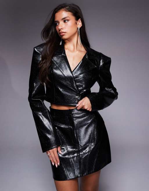 ASOS LUXE - Cropped blazer van PU met krokotextuur in zwart, deel van co-ord set
