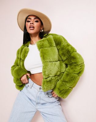 ASOS LUXE cropped faux fur jacket in chartreuse