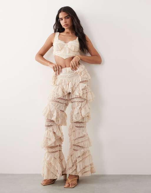 ASOS LUXE - Cropped korsettop met ruches in crème, deel van co-ord set, 2 van 4