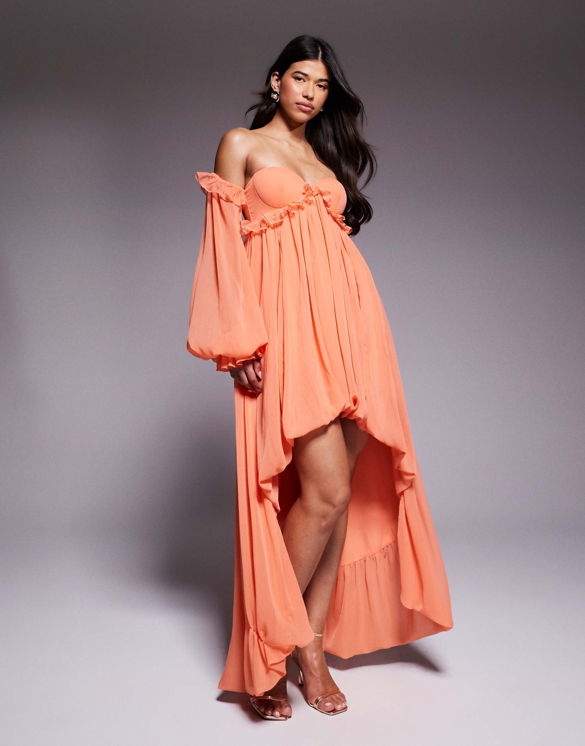 asos luxe cupped bardot maxi dress with ruffle detail in coral