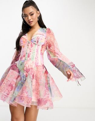 ASOS LUXE cupped organza mini dress in floral scarf print