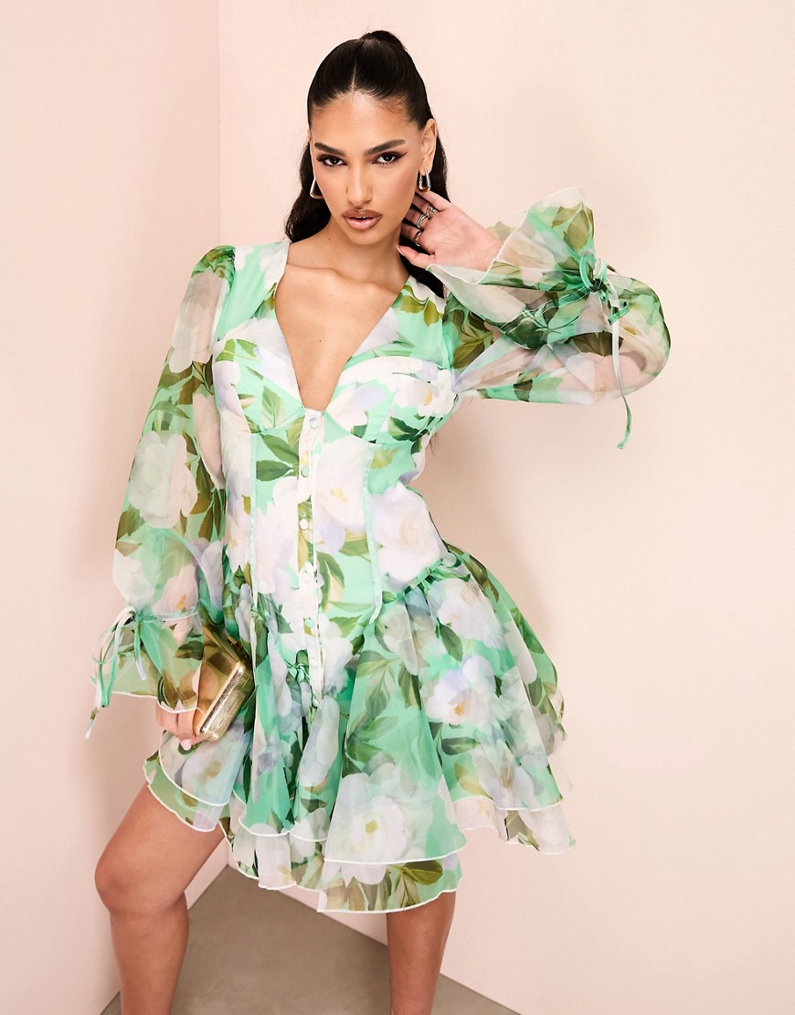 ASOS LUXE cupped organza mini dress in green floral print-Multi