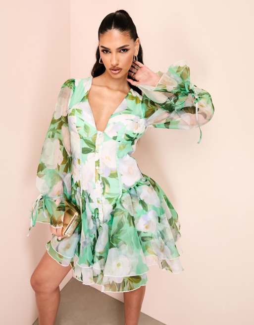 ASOS LUXE cupped organza mini dress in green floral print