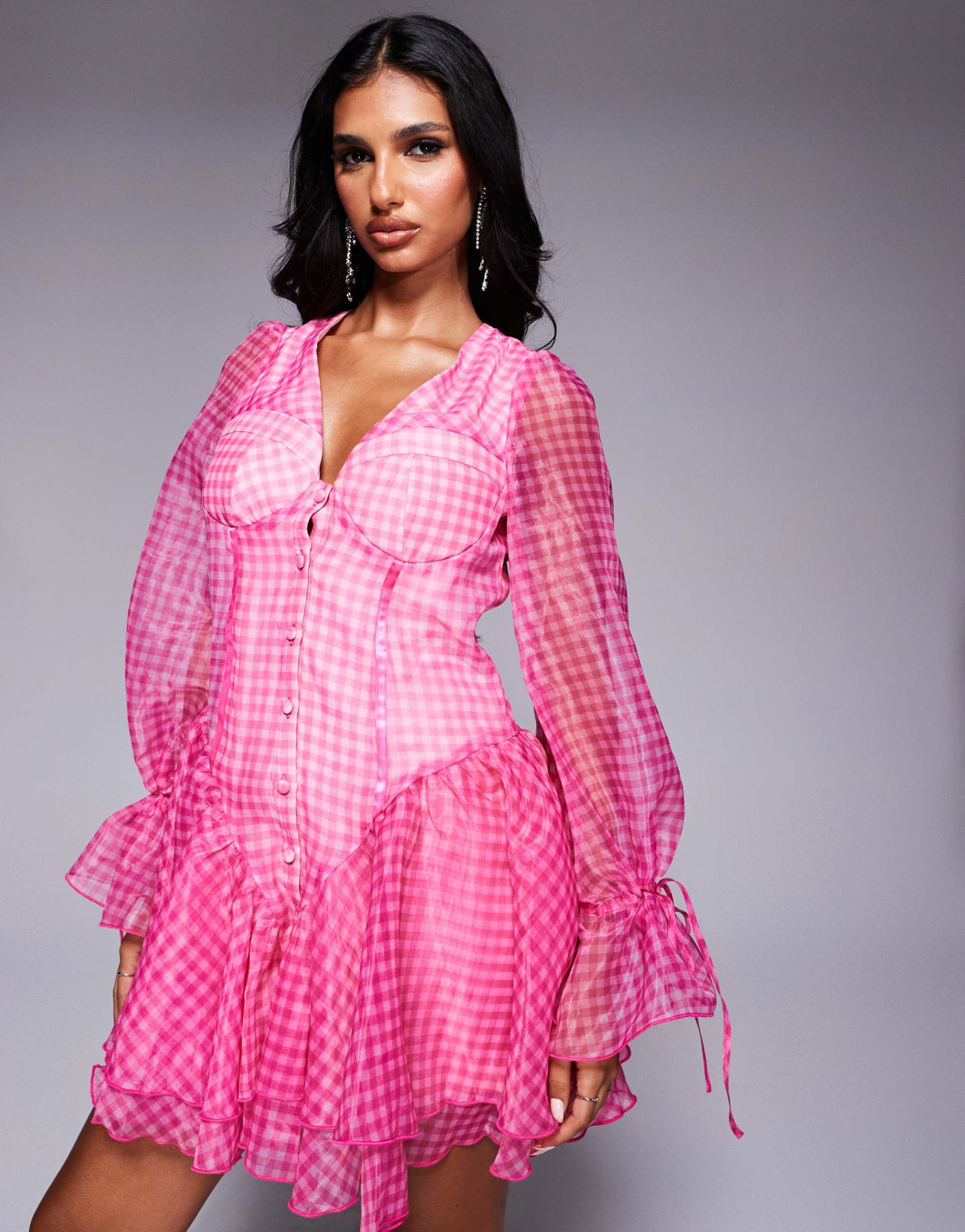 asos luxe cupped organza mini dress in pink gingham print