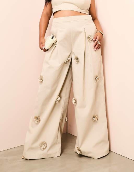 ASOS LUXE Curve 3 pieced 3D flower high waist wide leg trousers in stone, 3 of 4