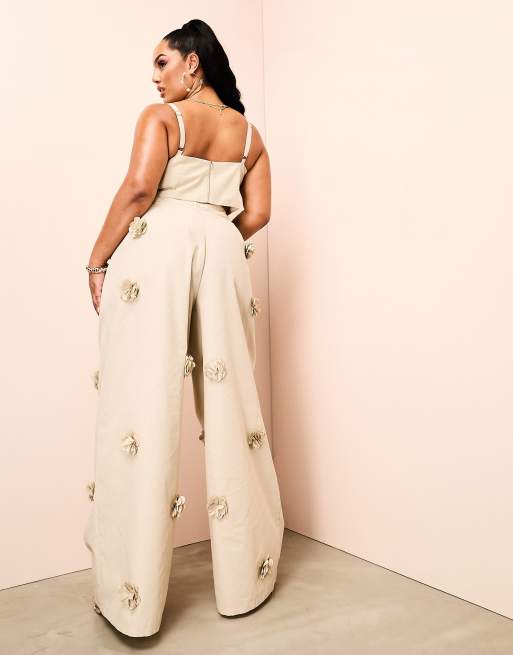 ASOS LUXE Curve 3 pieced 3D flower high waist wide leg trousers in stone, 4 of 4