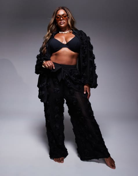 ASOS LUXE Curve co-ord 3D floral crochet beach trousers in black