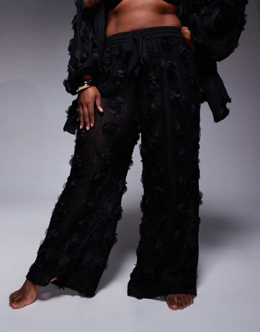 ASOS LUXE Curve 3D floral crochet beach pants in black (part of a set), 2 of 5