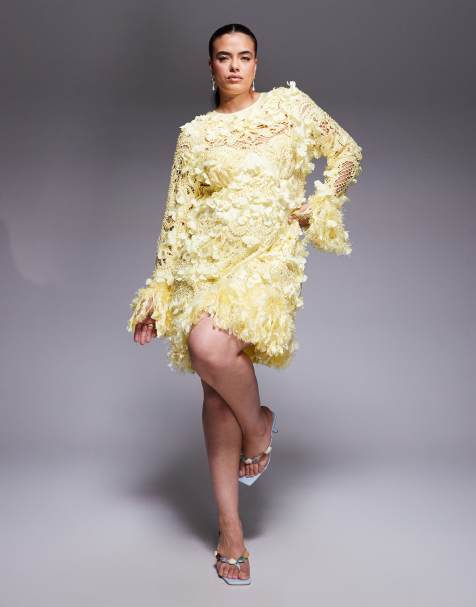ASOS LUXE Curve 3D floral embellished broderie mini dress with faux feather trim in buttermilk - view 1