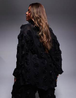 ASOS LUXE Curve 3D floral oversized crochet beach shirt in black - part of a set