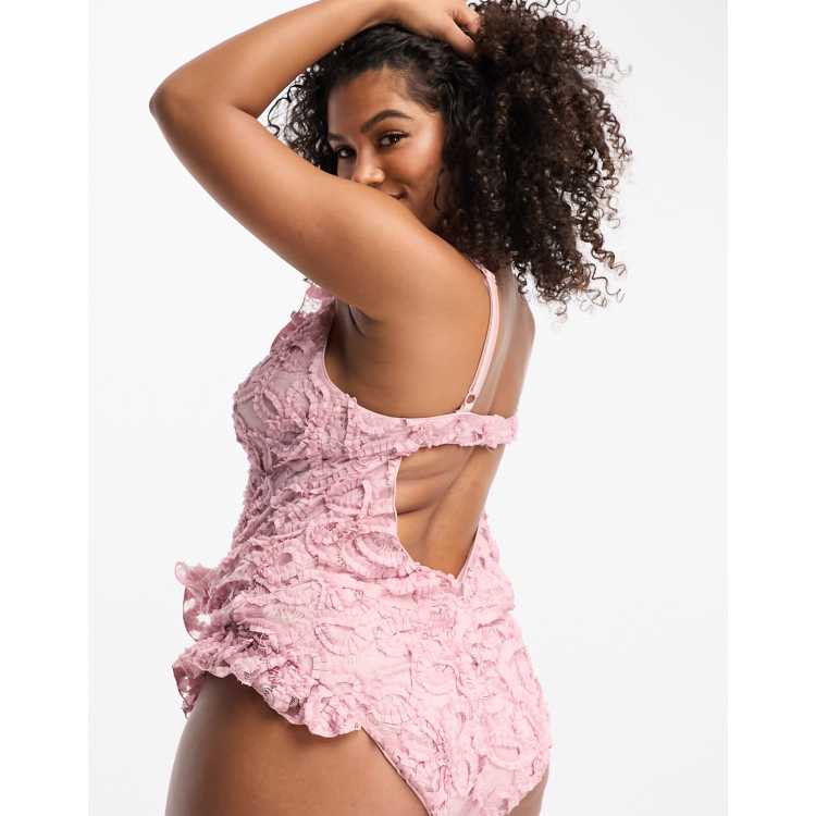 ASOS LUXE Curve 3D floral ruffle swimsuit with ruffle detail in pink