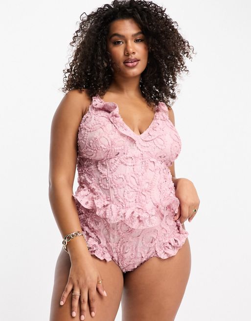 ASOS LUXE Curve 3D floral ruffle swimsuit with ruffle detail in pink