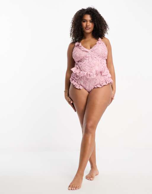 ASOS LUXE Curve 3D floral ruffle swimsuit with ruffle detail in pink