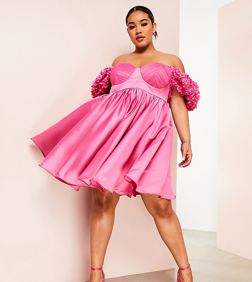 ASOS LUXE Curve 3D floral satin wired baby doll mini dress in pink