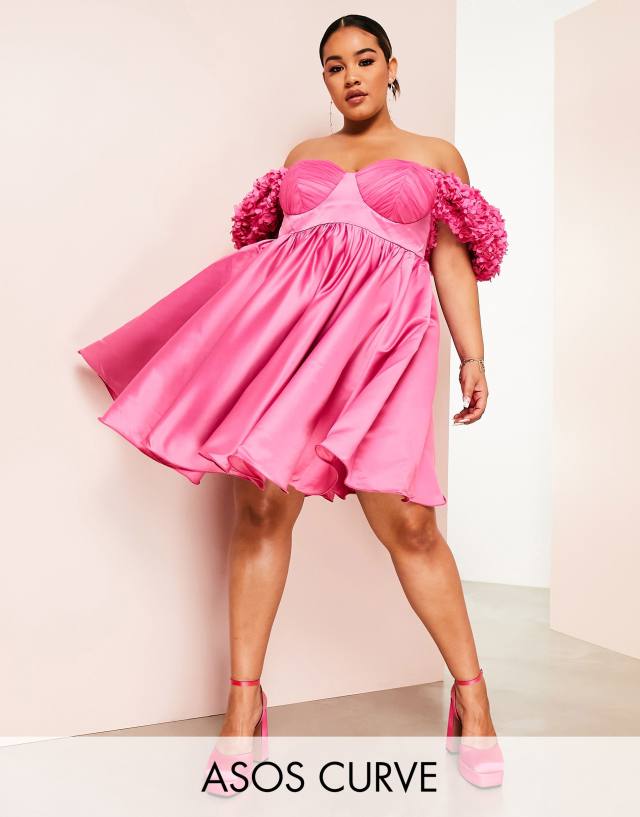 ASOS LUXE Curve 3D floral satin wired babydoll mini dress in pink