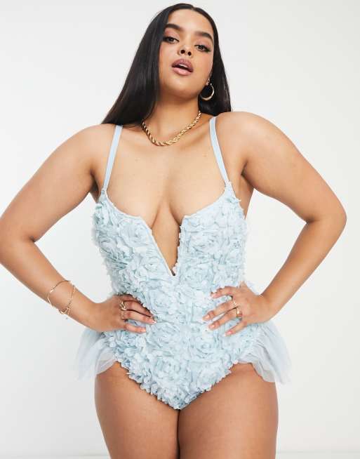 ASOS LUXE Curve 3D flower swimsuit with ruffles in blue