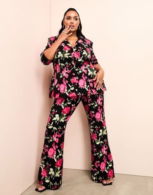 ASOS LUXE Curve - Anzughose in Schwarz mit Blumenmuster-Bunt