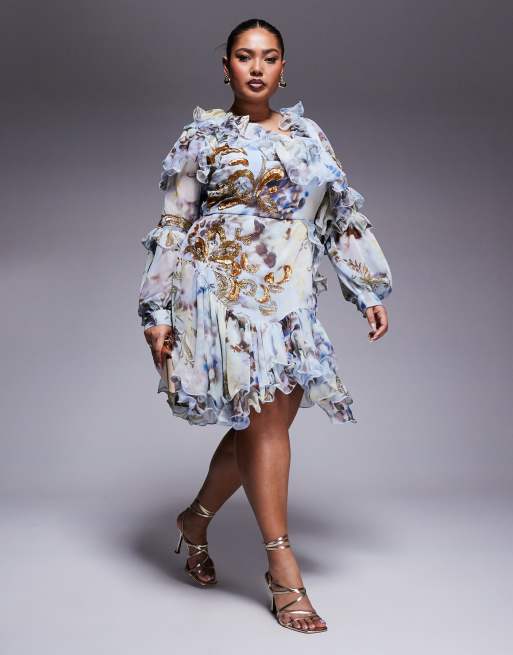 ASOS LUXE Curve - Asymmetrische mini-jurk van organza en chiffon met western bloemenprint en versiering in blauw