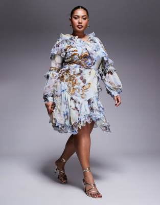 ASOS LUXE Curve - Asymmetrisk og blå minikjole i organza og chiffon med western-blomstermønster - view 1