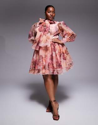 ASOS LUXE Curve - Ausgestelltes Organza-Kleid in Rosa mit Schluppe und Blumenmuster-Bunt