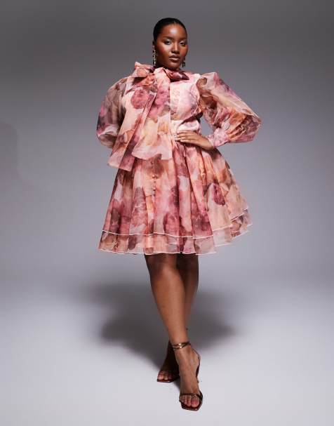 ASOS LUXE Curve – Ausgestelltes Organza-Kleid in Rosa mit Schluppe und Blumenmuster - view 1